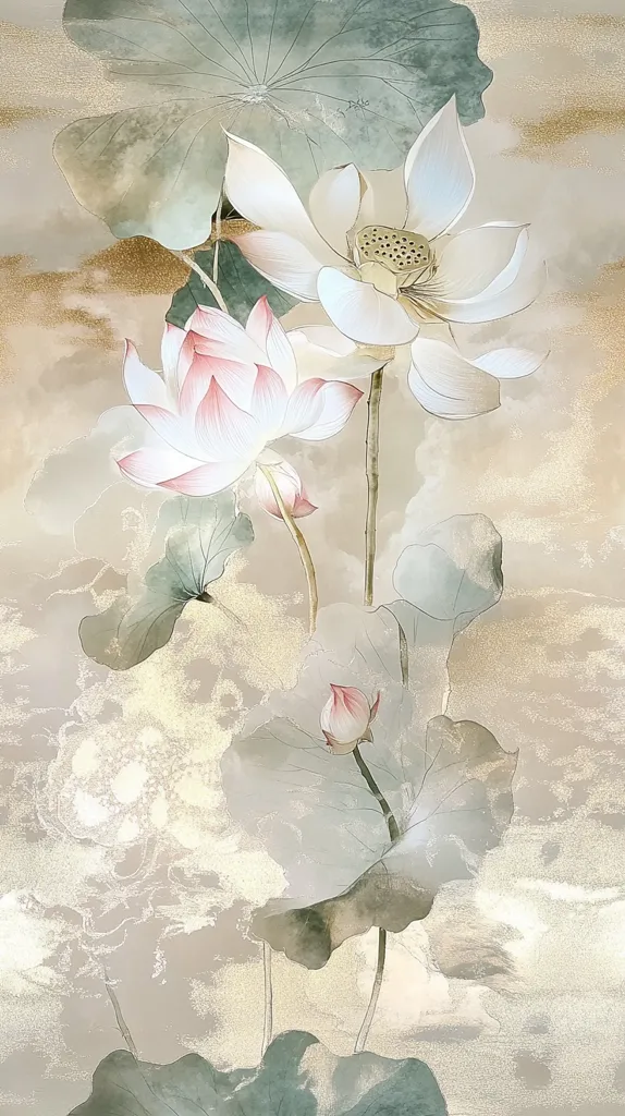 The image depicts a delicate watercolor painting of lotus flowers. A large white lotus with its petals unfurling dominates the top of the image, while a smaller pink lotus blooms below. A bud of a new lotus reaches towards the sky, signifying growth and renewal. The background is a soft, ethereal wash of grey and gold, adding to the serene beauty of the composition. The overall effect is one of peace and tranquility.