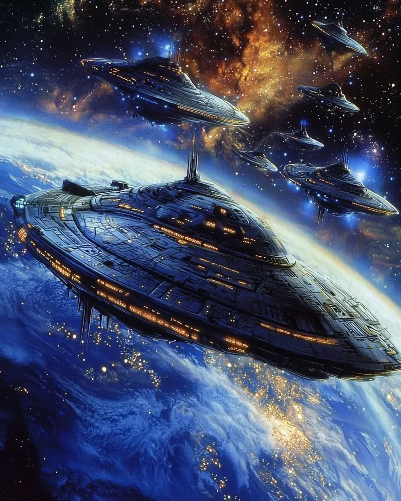 The image depicts a fleet of large, disc-shaped spacecraft hovering above a planet. The largest ship is in the foreground, its intricate details and glowing lights visible. Other smaller ships are scattered in the background,  flying in formation. The planet below is covered in clouds and shimmering city lights, creating a striking contrast to the dark spaceships. The artwork conveys a sense of awe and wonder, hinting at the vastness of space and the possibility of extraterrestrial life.