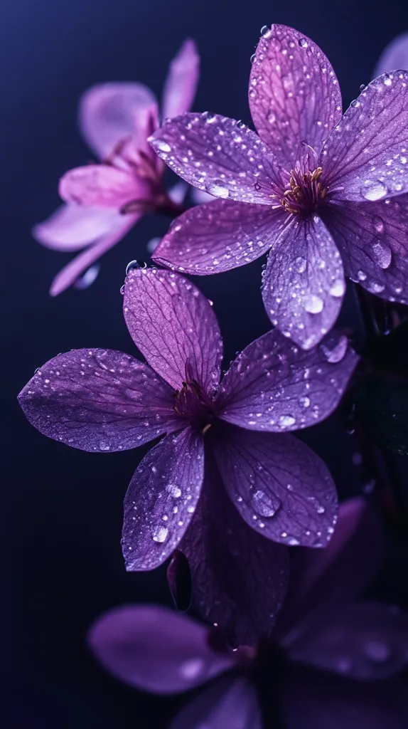 A cluster of deep purple flowers with delicate petals are covered in glistening water droplets. The flowers are in focus, while the background is blurred, creating a soft and dreamy aesthetic. The image evokes a sense of serenity and beauty.  The dark background provides a striking contrast to the vibrant purple of the blooms.