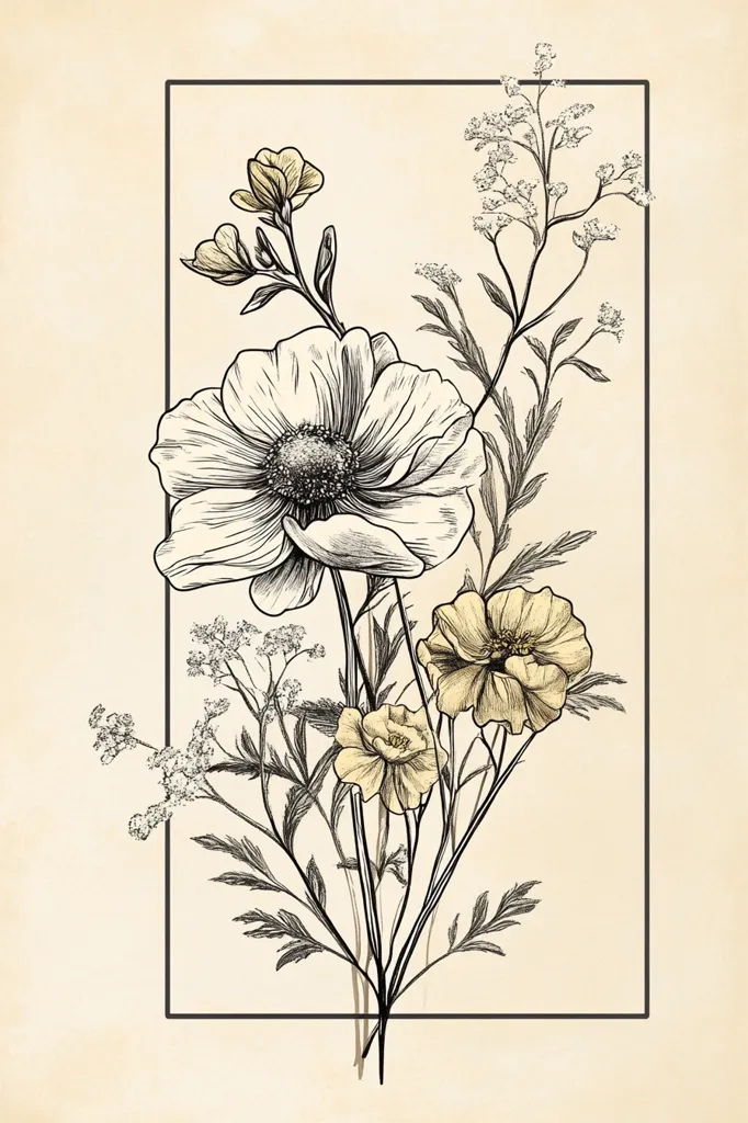 The image is a black and white line drawing of a bouquet of wildflowers, with a vintage-inspired look. It features delicate flowers, including a large, prominent blossom in the center, and smaller blooms scattered throughout the composition. The artwork is framed by a black rectangle, adding a touch of formality. The background is a pale beige, creating a serene and timeless aesthetic. The drawing captures the beauty and simplicity of nature.