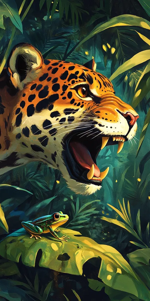 A close-up of a jaguar's face with its mouth wide open, revealing sharp teeth. The jaguar's coat is a mix of orange, black, and white. A small green frog sits on a large leaf in the foreground, seemingly unaware of the predator behind it. Lush green foliage surrounds them, creating a dense jungle atmosphere.  The contrast between the calm frog and the ferocious jaguar creates a dynamic and intriguing scene.