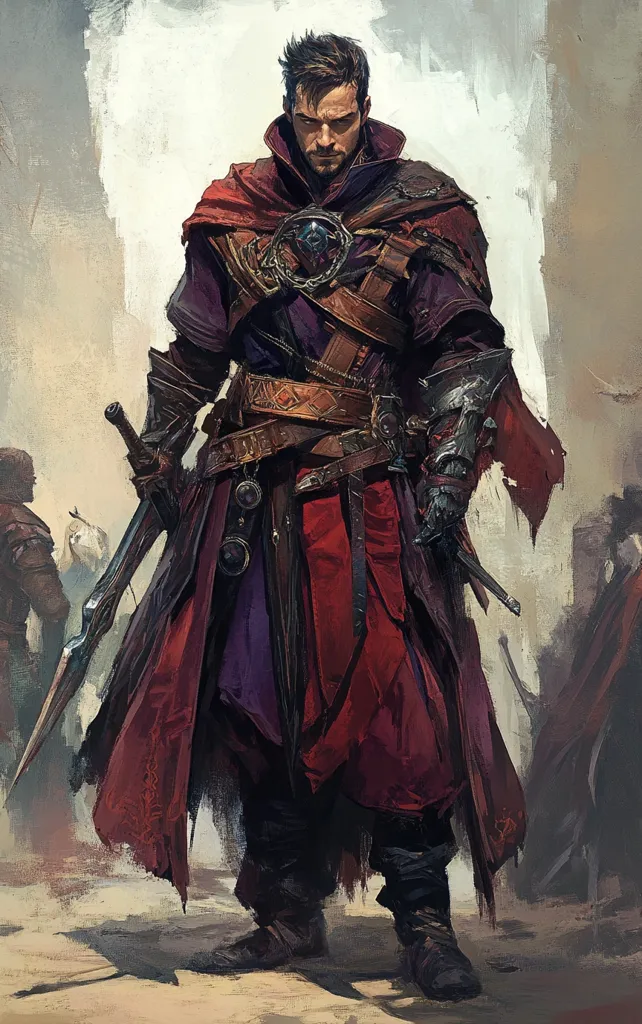 A man stands in the desert, dressed in a flowing red cloak and purple tunic. He wears a leather belt with numerous pouches and straps, and a dark, almost black, pair of trousers. He is armed with a dagger in his right hand and a longer sword in his left, both held close to his body. His expression is serious, his eyes focused on something beyond the frame. The background is blurred, suggesting movement or a vast expanse of sand.  The overall style is reminiscent of fantasy artwork.