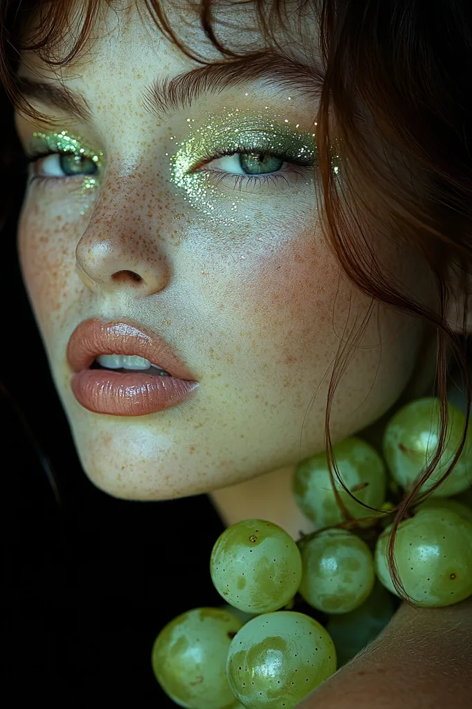 A close-up portrait of a woman with freckles, green eyes with sparkly eyeshadow, and a soft pink lip. Her hair is brown and she is wearing a necklace of green grapes. The image has a soft, dreamy aesthetic. The lighting is soft and warm, highlighting the woman's features. The background is dark, drawing attention to the woman's face and the grapes. The image has a sensual and delicate feel.