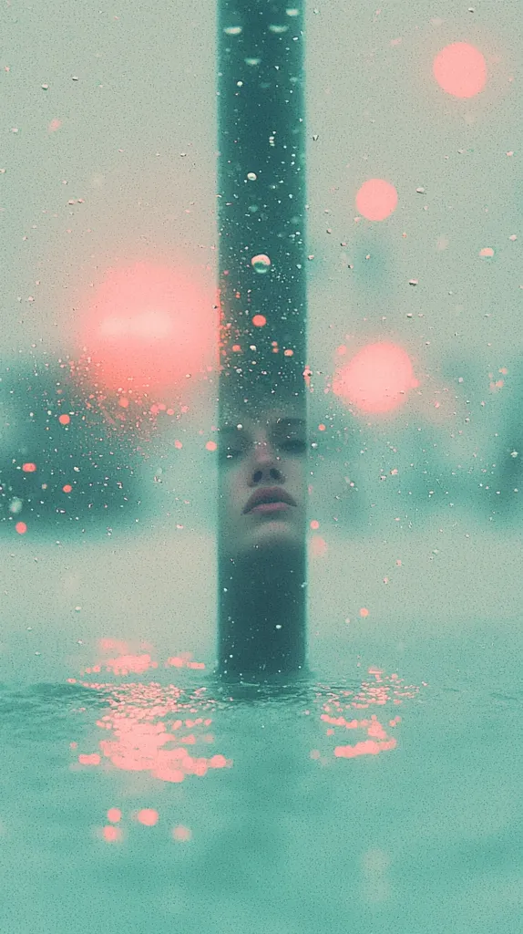 The image shows a woman's face partially submerged in water. She is looking at the camera with her eyes closed. Her face is framed by a vertical line, and the background is blurry and out of focus. The water is a light teal color, and there are pink and white lights in the background, suggesting it is a nighttime scene. The overall effect is dreamy and ethereal.