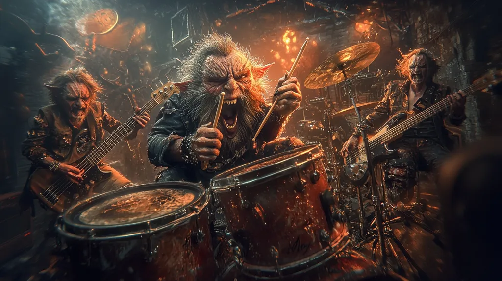 A band of three monstrous creatures are performing a heavy metal concert. The drummer, a creature with large ears, is in the center, striking his drums with fury. On the left, a bass player with long, pointed ears plays their instrument. On the right, a creature with long hair is strumming a guitar. The scene is lit by a bright stage light, and the creatures are all in a frenzy, their expressions wild and energetic.  The image captures the raw power and intensity of a live rock performance.
