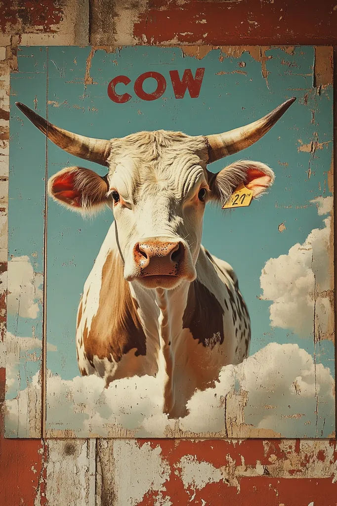 The image depicts a vintage-style poster of a cow. The poster is weathered and faded, with a blue background and white clouds. The cow is brown and white, with large horns and a gentle expression.  The word "COW" is written in bold red letters at the top of the poster. The image evokes a sense of nostalgia and the rustic charm of rural life.