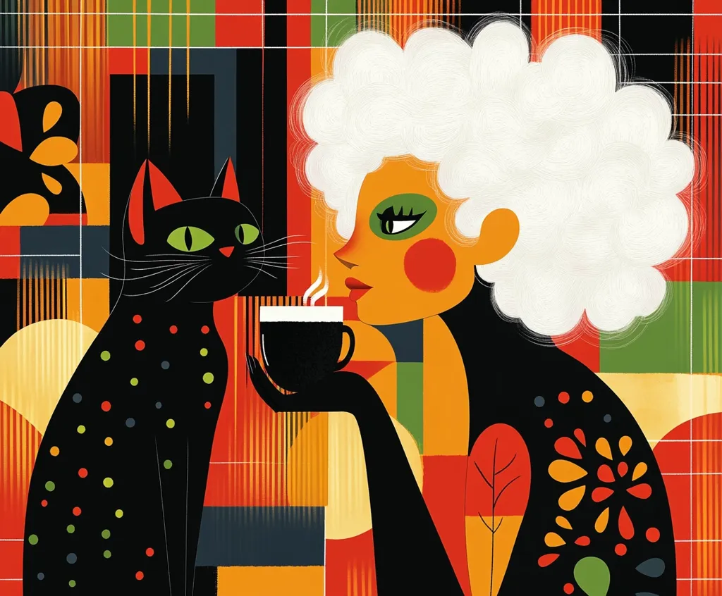 The image is a stylized illustration featuring a woman with white hair and a black cat. The woman is holding a cup of coffee, and the cat is sitting next to her. The background is made up of a colorful geometric pattern. The overall aesthetic is playful and whimsical, with a focus on bold colors and simple shapes.