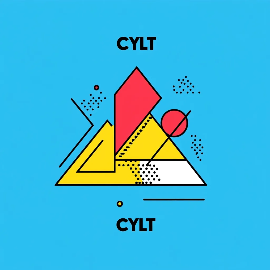 The image features a geometric design on a light blue background. It consists of a red, yellow, and white triangle-like shape with black outlines. The shape contains various smaller geometric shapes, including a red circle. The word "CYLT" is displayed above and below the main shape.  There are also black dots dispersed around the design. The overall style evokes a retro, playful, and artistic aesthetic.