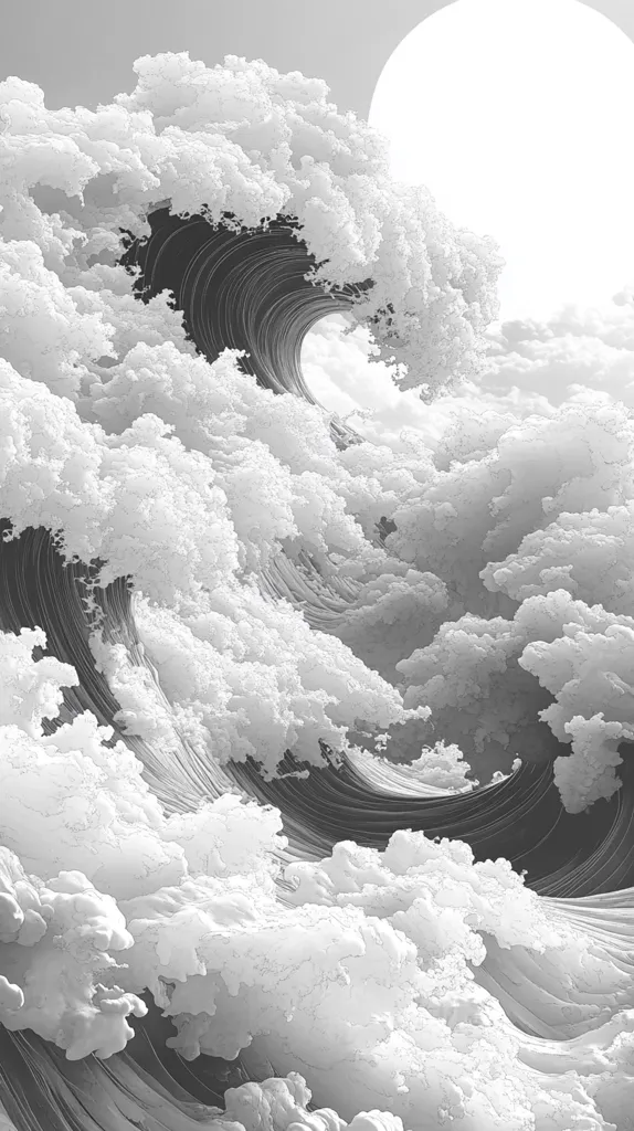 The image depicts a large, swirling wave made of clouds, reaching towards a bright, white sun. The wave is textured with lines and details, giving it a sense of movement and power. The surrounding clouds are fluffy and white, contrasting with the darker shades of the wave. The image evokes a sense of vastness and ethereal beauty.