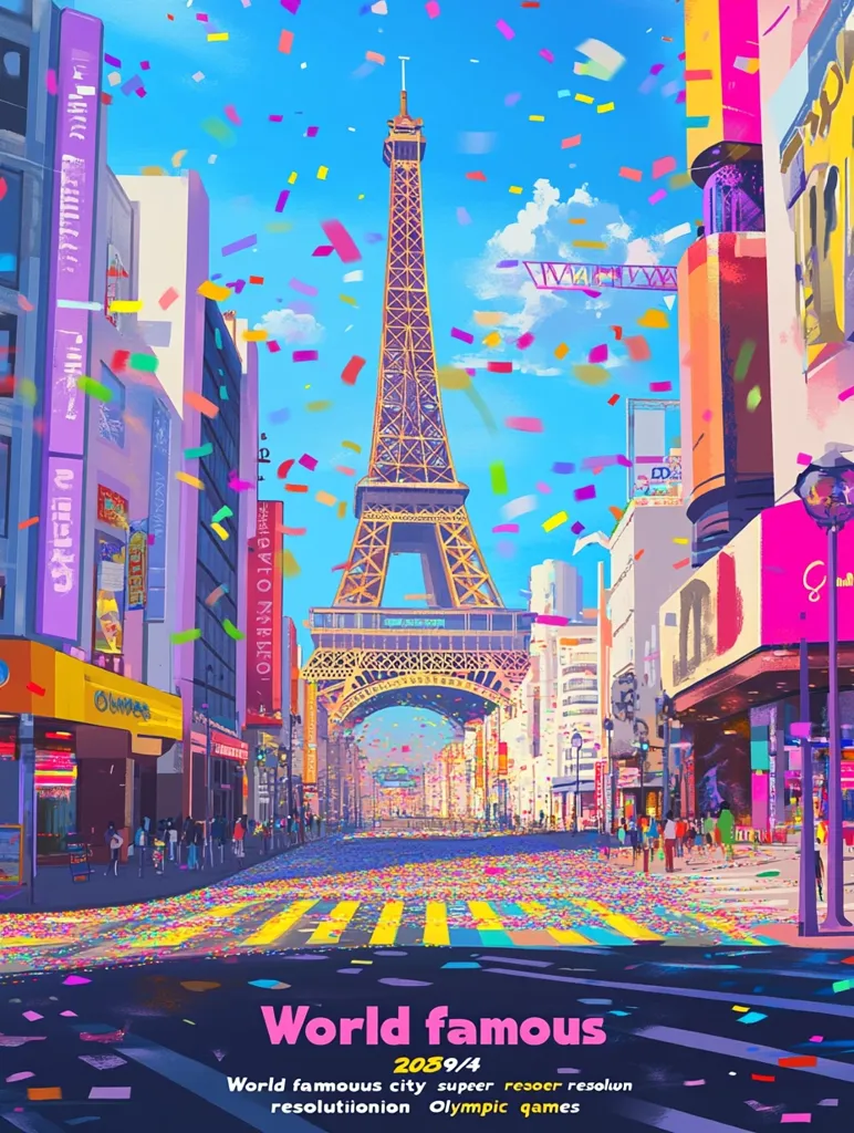 The image depicts a vibrant and festive street scene in Paris, France. The iconic Eiffel Tower stands tall in the center, surrounded by colorful buildings and a confetti-filled sky. The street is bustling with people, celebrating the "World Famous" 2059/4 Olympic Games. The image evokes a sense of excitement and joy, capturing the spirit of international sporting events.