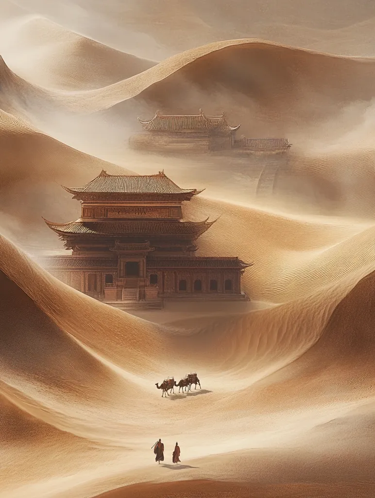 The image depicts a vast desert landscape with rolling sand dunes and a majestic temple complex built into the side of a dune. In the distance, a caravan of camels traverses the sandy expanse. Two figures in robes walk towards the camera, adding a sense of scale and mystery to the scene. The soft lighting and hazy atmosphere create a sense of tranquility and solitude.