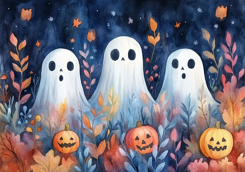 Three friendly ghosts stand in a field of fall foliage. They have round eyes and wide smiles. There are jack-o-lanterns in front of them. The scene is painted in watercolor and has a whimsical, cartoon-like feel. The background is dark blue with twinkling stars.