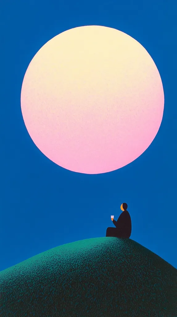 The image is a minimalist depiction of a person sitting on a green hill, gazing up at a large pink and yellow orb in a bright blue sky. The person is silhouetted in black, with a small yellow detail on their face, holding a small white glass. The composition is simple, with the orb dominating the upper half of the image and the hill occupying the lower half. The color palette is limited, but striking. The overall effect is one of peace and solitude.