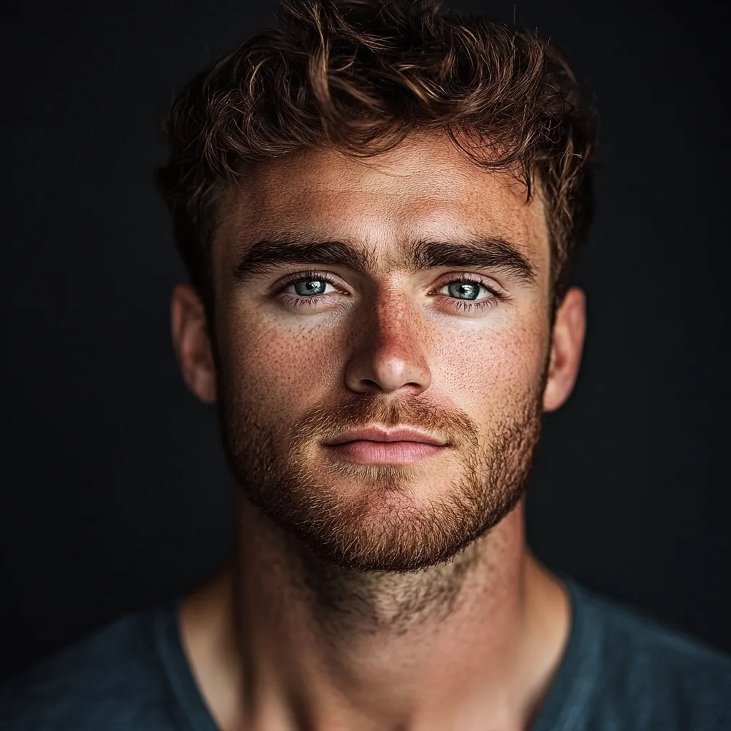 A young man with short, tousled brown hair and a light beard stares directly at the camera. He has a fair complexion with freckles and piercing blue eyes. He is wearing a dark blue t-shirt and has a serious expression on his face. The background is a dark, solid color. The image is a close-up portrait, capturing the man's intense gaze and  youthful features.