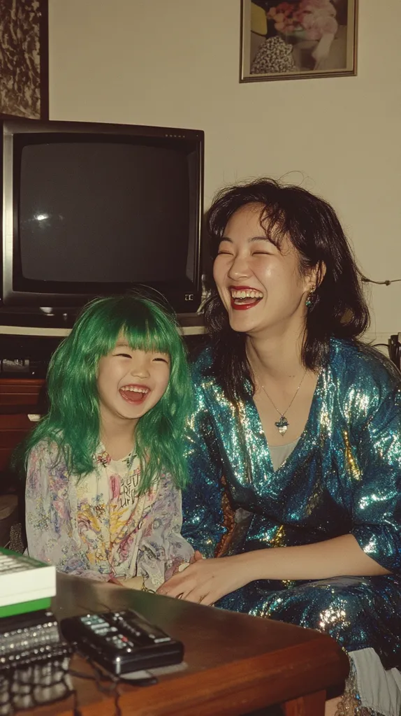 A woman with long dark hair and a sparkly blue dress is sitting with a young girl who has bright green hair and is wearing a floral blouse. The woman is smiling broadly and the girl is laughing. There is a television behind them, as well as a wooden table in front of them.  The woman has a necklace on and is holding her hand on the table.  The girl is sitting with her hands in her lap.