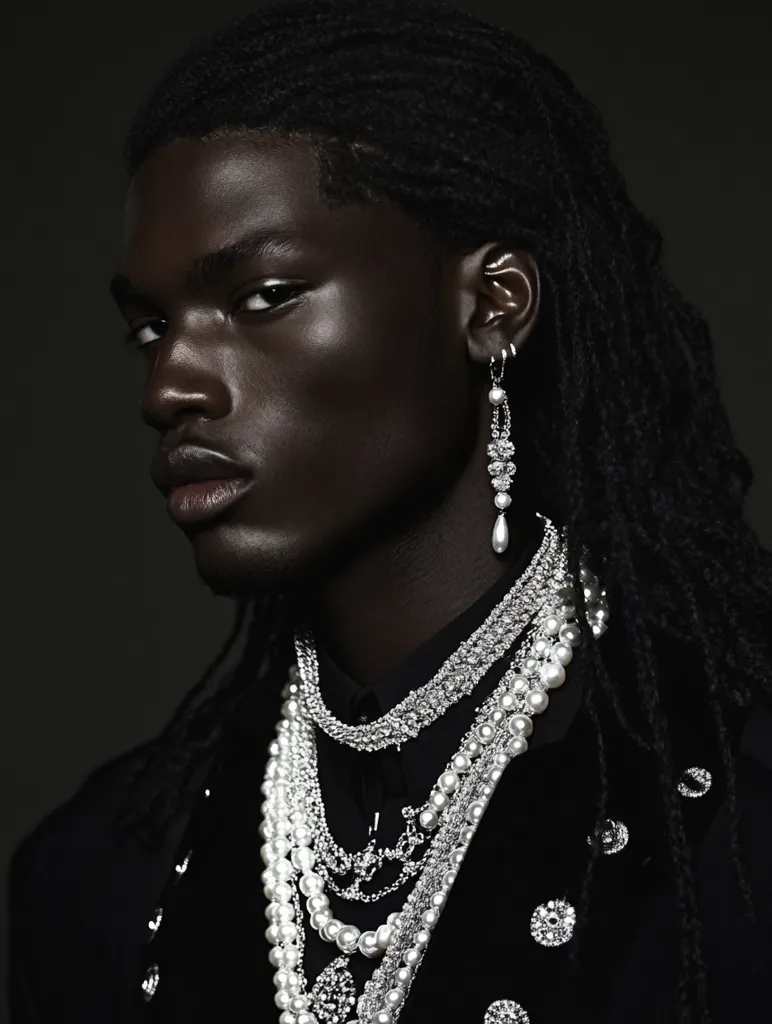 A young black man with long dreadlocks is looking off to the side. He is wearing a black jacket and multiple necklaces of pearls and crystals. He has a single diamond earring in his left ear. The background is a dark gray. The image is shot in a dark, moody style, highlighting the man's features and jewelry.