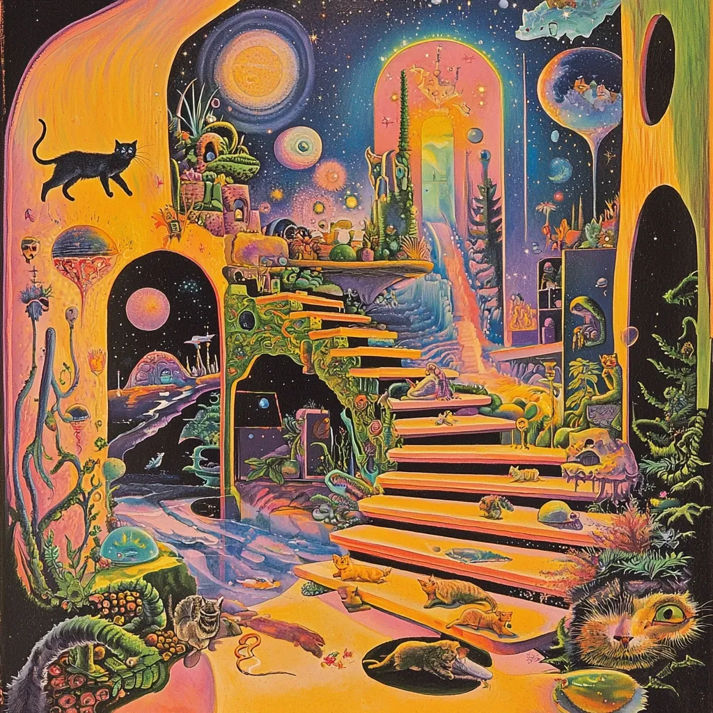 The image is a fantastical, psychedelic scene with a black cat in the foreground, surrounded by a vibrant landscape.  The background features a multi-level staircase leading to a doorway, framed by a towering archway.  There are multiple celestial bodies visible in the sky, along with a variety of plants, animals, and abstract shapes.  The overall style is reminiscent of a dream or hallucination.