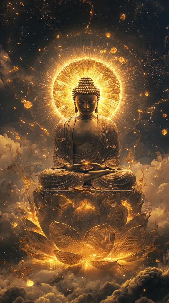 A golden Buddha sits in meditation atop a glowing lotus flower.  He is surrounded by swirling clouds and celestial bodies, bathed in a warm golden light.  The image evokes feelings of peace, serenity, and enlightenment.