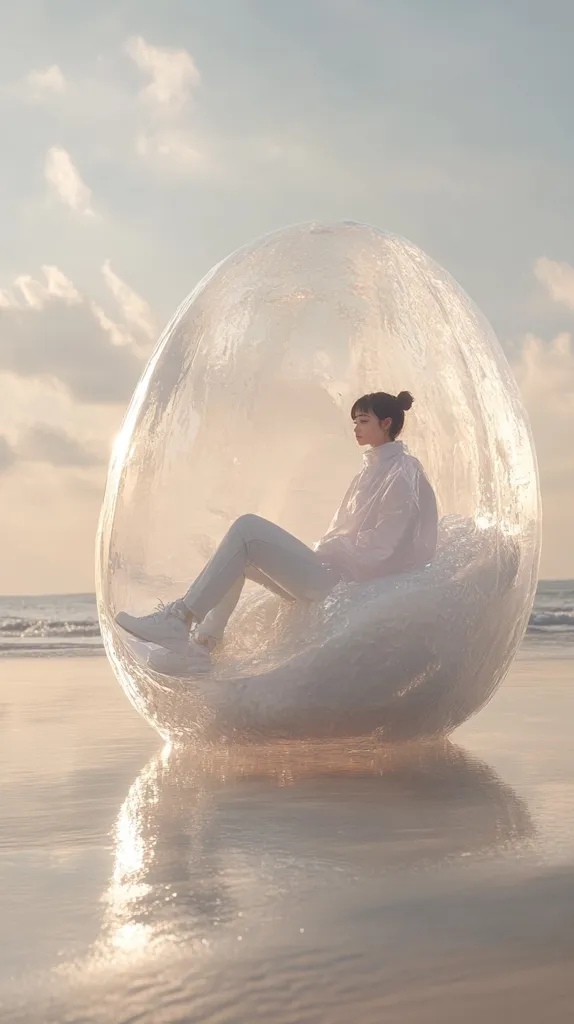 A woman in a white jacket sits inside a transparent, egg-shaped pod on a sandy beach. The pod appears to be made of plastic or glass and is filled with soft, white clouds. The woman looks pensive as she gazes out at the horizon, which is obscured by a soft, golden glow. The image evokes a sense of peace, tranquility, and introspection.