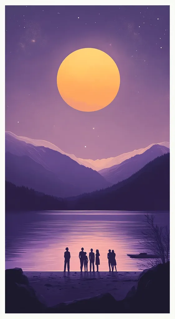 A group of seven figures stand silhouetted on the shore of a lake, gazing out at a large, orange moon hanging in a purple twilight sky. The mountains in the distance are also silhouetted, and there's a small boat in the water. The image has a peaceful, contemplative feel.