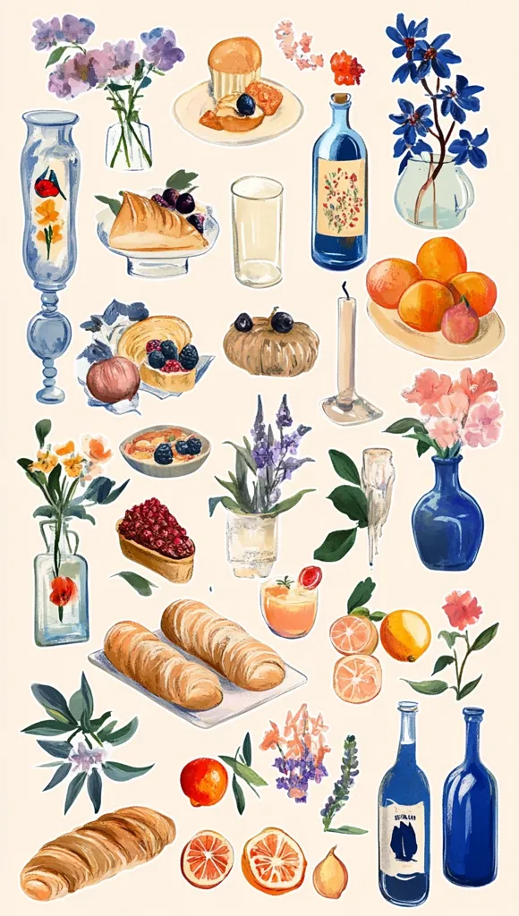 The image is a colorful still life featuring a variety of objects, including flowers, fruit, pastries, and glassware. There are two vases of flowers, one with purple blooms and the other with a pink and white variety. The fruit includes oranges, grapefruits, and a pear. The pastries include croissants, tarts, and muffins. The glassware includes a tall vase, a short vase, and a glass of juice. The objects are arranged in a random but aesthetically pleasing manner, with a light background that allows the colors of the objects to pop.