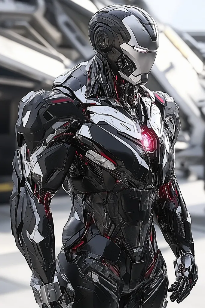 A sleek, black and silver robotic suit stands in a futuristic cityscape. The suit is highly detailed, featuring numerous panels and joints. A glowing red light illuminates the chest area. The suit's helmet is black and white, with a visor that reflects the surrounding environment. The overall impression is one of power, sophistication, and technological advancement.