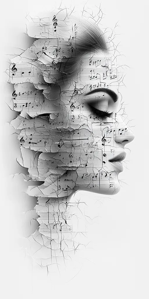 A black and white illustration of a woman's face formed from musical sheet music. The sheet music is cracked and peeling, creating a textured effect. The woman's eyes are closed, and her expression is serene. The image suggests a connection between music and the human soul.  The background is a plain white, emphasizing the intricate details of the artwork.