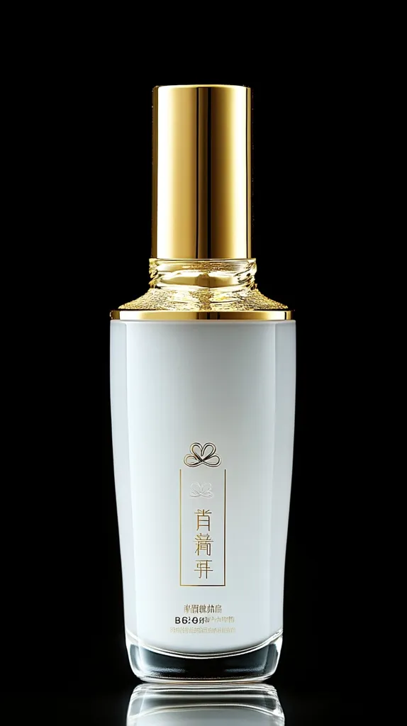The image shows a bottle of skincare product. The bottle is made of glass and has a white body with a golden cap and base.  The bottle has a sleek, elegant design and features gold lettering with Asian characters.  The label indicates the product's name and origin. The bottle is standing on a black surface, with its reflection visible below. The image is well-lit, highlighting the bottle's sleek design.
