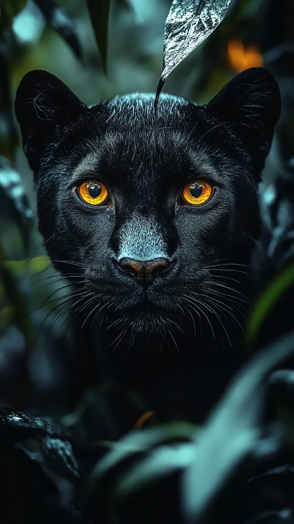 The image shows a close-up of a black panther's face. The panther's eyes are bright yellow, and its fur is sleek and black. The panther is surrounded by lush green foliage, creating a sense of mystery and intrigue.  The image's dark tones and sharp focus create a striking visual impact.