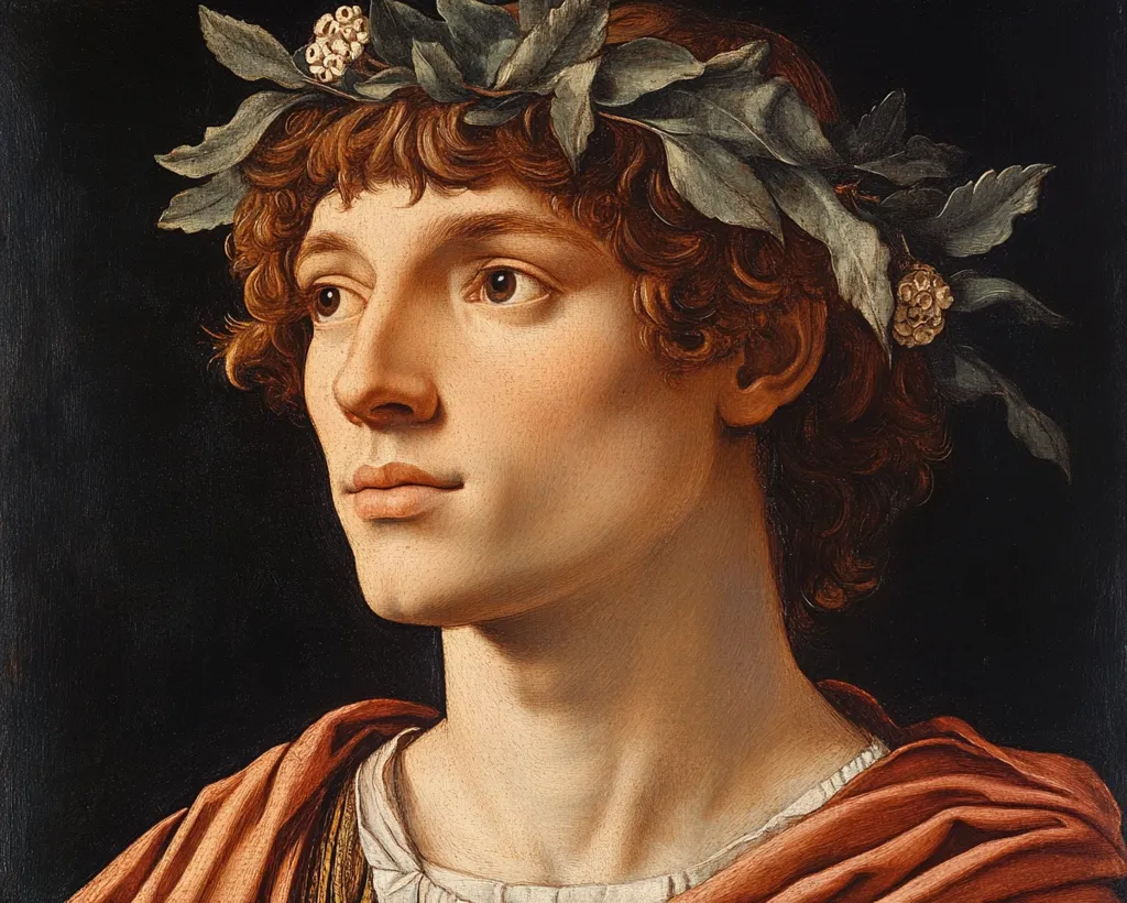 The painting depicts a young man with curly brown hair wearing a laurel wreath and a crimson robe. His gaze is directed slightly upwards and to the right. The painting is done in a realistic style with rich colors and detailed brushstrokes. The background is a dark, almost black, which emphasizes the subject's face and form.