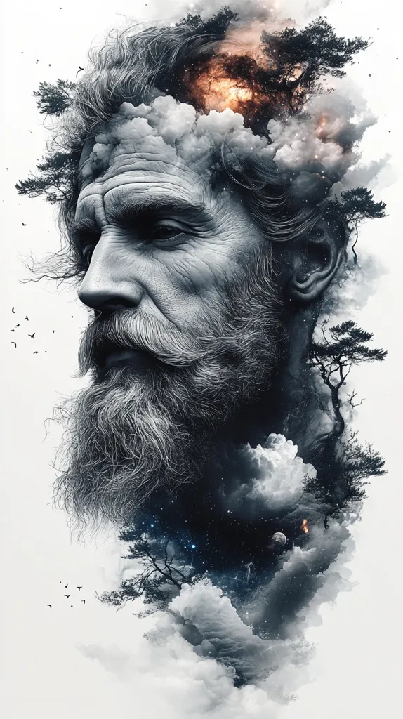 The image depicts a man with a long beard, his head transformed into a swirling cloud of celestial imagery. Stars, a crescent moon, and a starry sky are visible through the clouds, forming a surreal and dreamlike landscape. The image suggests a connection between the man's inner thoughts and the vastness of the universe.