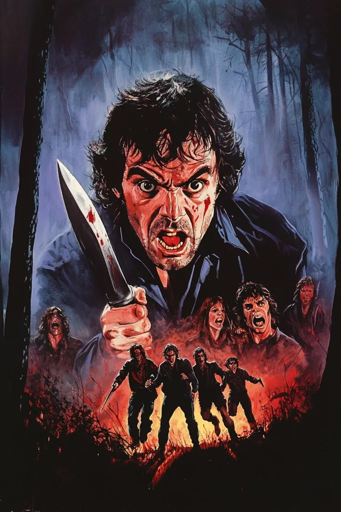 The poster depicts a horror film scene. A menacing man with a knife in his hand is the central figure, his face contorted in a terrifying expression. He appears to be chasing a group of people running through a forest. The background is dark and smoky, with trees towering over the scene. The poster conveys a sense of fear and suspense, hinting at a violent and bloody encounter.