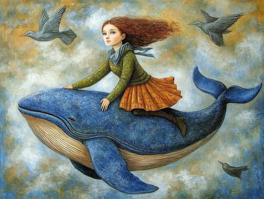 A young girl with long red hair is riding a large blue whale through the clouds. The whale is flying high above the clouds, and the girl is holding on to its back with her hands. She is wearing a green sweater and an orange skirt, and she has a happy expression on her face. There are three small, gray birds flying nearby. The painting is done in a whimsical style, and it evokes a sense of joy and wonder.