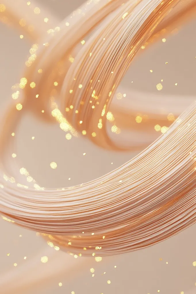 The image features a soft, peach-colored, flowing fabric with a subtle sheen. The fabric is twisted and curved, creating a sense of movement and depth. Scattered throughout the image are tiny, golden sparkles, adding a touch of sparkle and elegance. The overall aesthetic is luxurious and ethereal.