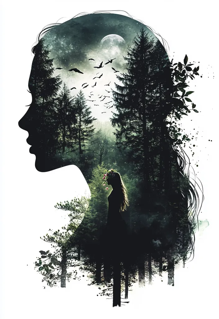 A silhouette of a woman's head is overlaid with a dense, moonlit forest.  Trees and a woman in a floral crown are visible within the outline of the woman's face. Birds fly across the sky, creating a sense of mystery and depth. The artwork evokes a feeling of connection between the natural world and the human mind.