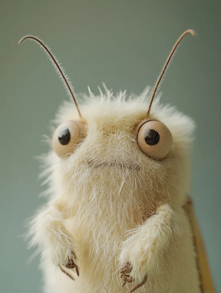 A close-up shot of a fuzzy, white creature with large, round, brown eyes and long antennae. The creature is facing the camera with its body facing slightly to the right. The background is a soft, out-of-focus green.  Its body is covered in soft, white fur, giving it a cuddly appearance. The creature's large eyes are a striking feature, adding to its childlike charm.  Its small arms with sharp claws are visible. The overall image is a whimsical and imaginative portrayal of a fantastical creature.