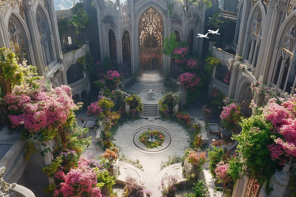 An aerial view of a grand, stone building overtaken by blooming flowers. The central courtyard features a fountain and a circular pathway, with steps leading up to the entrance of the building. Two white planes fly overhead, adding a surreal touch to the scene. The building's gothic architecture and vibrant flora create a captivating contrast, suggesting a merging of nature and civilization.