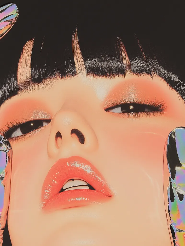 The image shows a close-up of a woman's face, with soft, peachy makeup and glossy lips. She has dark hair with a straight fringe, and her eyes are closed. The background is blurred, and there are iridescent objects on either side of her face.  The overall aesthetic is soft and dreamy.