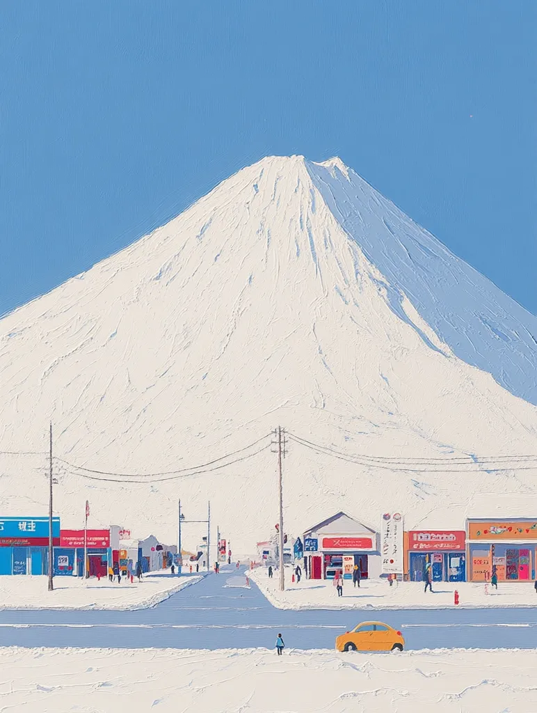 A snowy mountain, possibly Mount Fuji, dominates the background of a tranquil scene. A quiet road winds through a small village, lined with brightly colored shops and houses. A few people walk on the sidewalk, while a yellow car drives down the road. The sky is a clear blue, and the entire scene is bathed in a soft, warm light.