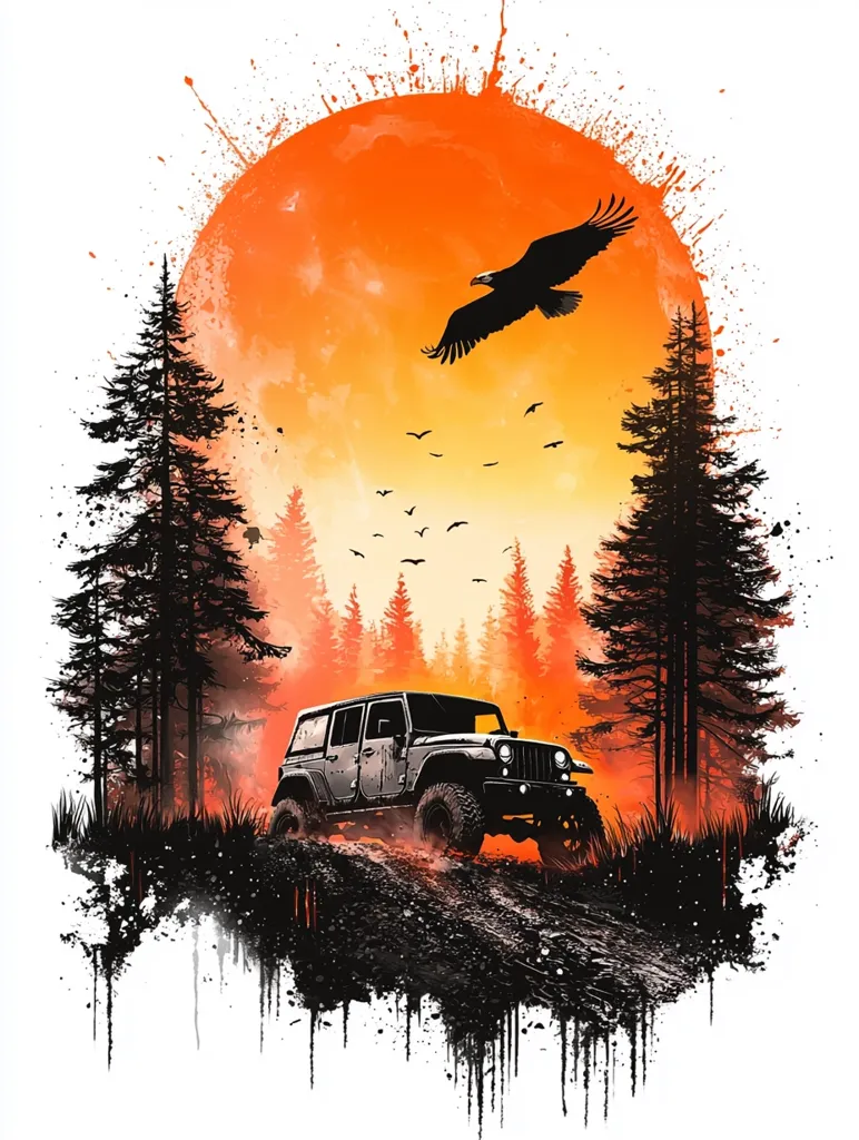 A black Jeep drives through a forest path towards a large orange sun in the distance.  The sun is surrounded by a watercolor-like halo of orange and yellow. A black eagle soars above the jeep in the sky. The image has a painterly, splattered look with dark and moody shadows.