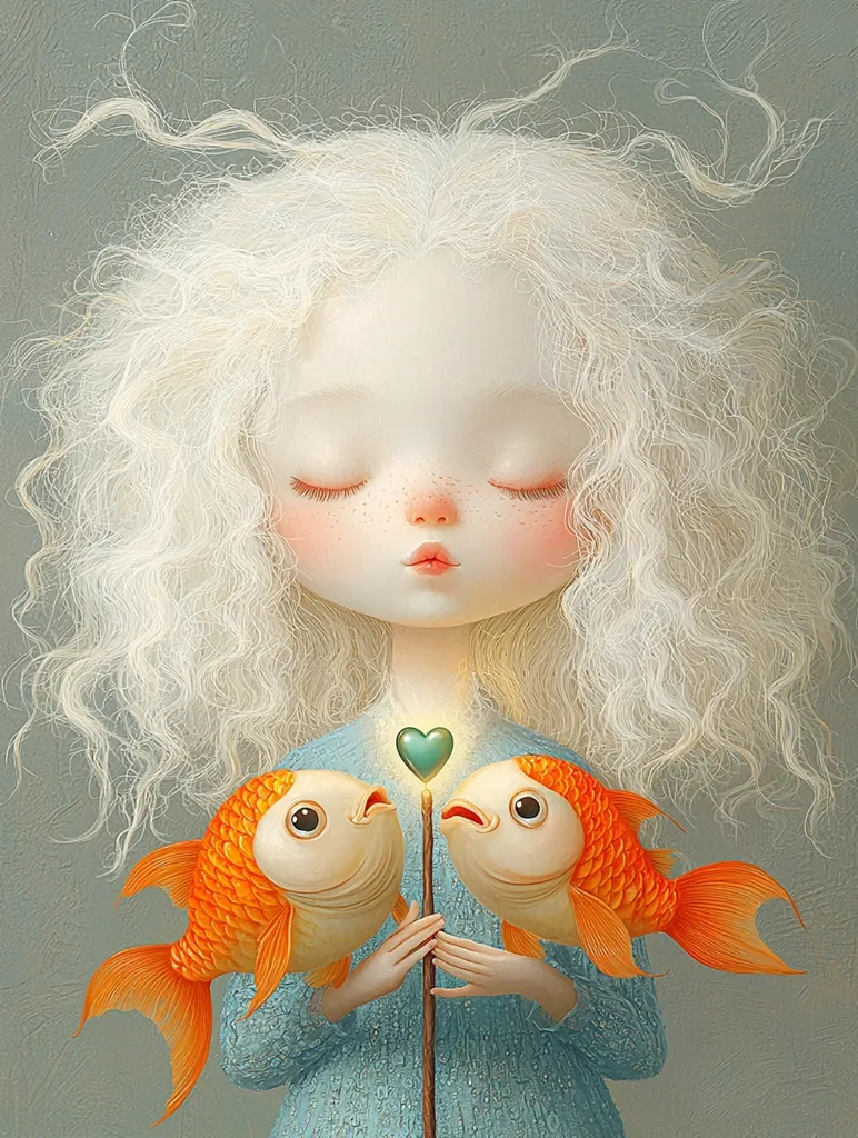 A young girl with long, white, curly hair is shown holding two goldfish on sticks. She has her eyes closed and her lips are slightly parted. The fish are facing each other with their mouths open. A small, glowing, green heart is located between the two fish. The background is a soft grey color.