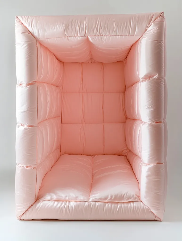 The image shows a large, pink, box-shaped cushion with a quilted surface. It looks like a giant pillow or a cozy, padded enclosure. The cushion has a soft, satiny texture and seems to be filled with a fluffy material. It stands on a plain white background, making the pink color even more prominent.  The cushion appears to be a comfortable and inviting place to relax.