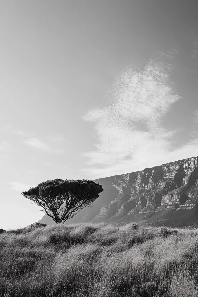 A solitary tree stands in a field of tall grass, silhouetted against a dramatic mountain range. The sky is cloudy and the image is in black and white, creating a stark and minimalist aesthetic. The tree's branches reach out towards the sky, while the mountains seem to rise up to meet them. The image evokes a sense of solitude and grandeur, highlighting the powerful forces of nature.