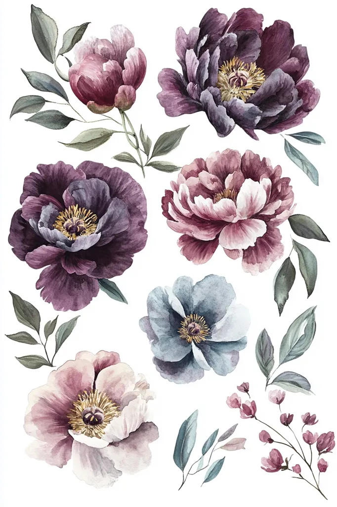 The image features a watercolor painting of six large flowers and four small sprigs of flowers. The flowers are in shades of purple, pink, and blue. The flowers are arranged in a loose, asymmetrical pattern. They have soft petals and are surrounded by greenery. The overall style is romantic and delicate.