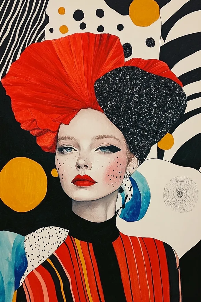 A woman with a bold red and black striped shirt is the subject of this illustration. She is wearing a large, red, flower-shaped hat and has a sparkling black headpiece. The background features bright, colorful abstract shapes that are bold and vibrant. The woman has dark eyeliner and red lipstick and her expression is serious.