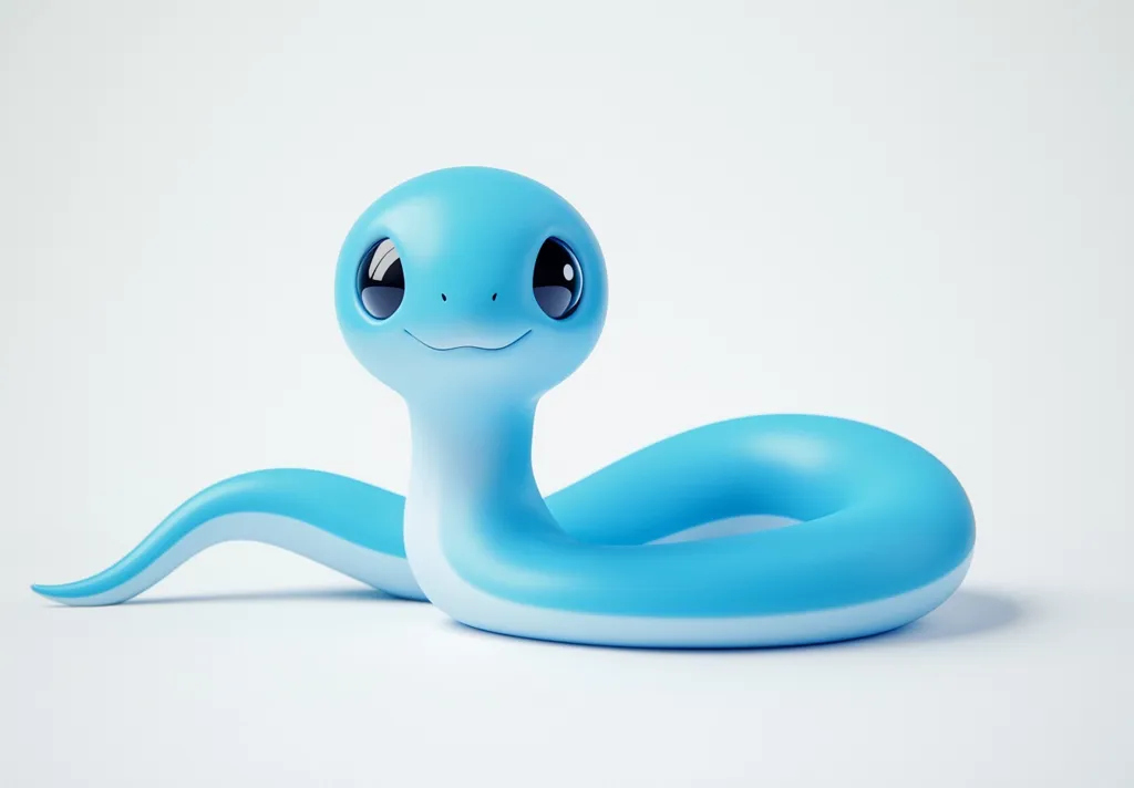 A cartoon snake with big, round, blue eyes and a happy expression. It is curled up in a circle, its body a bright blue with a white underside.  It is resting on a white surface.