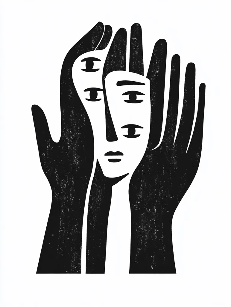 The image depicts a stylized black and white illustration of a person's face obscured by two large hands. The hands are drawn in a bold, blocky style with a textured surface. The face is partially visible, with three eyes looking out from behind the hands. The overall effect is one of mystery and intrigue.