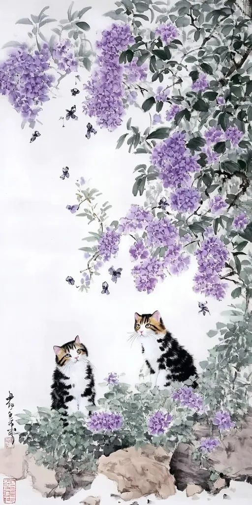 Two cats sit amongst a lush flowering bush with a background of pale purple blossoms. One cat is light brown and white and the other is black and white. They are both facing the viewer, but are gazing off to the side.  The painting is done in a traditional Chinese style with delicate brushstrokes and a soft, dreamy feel.