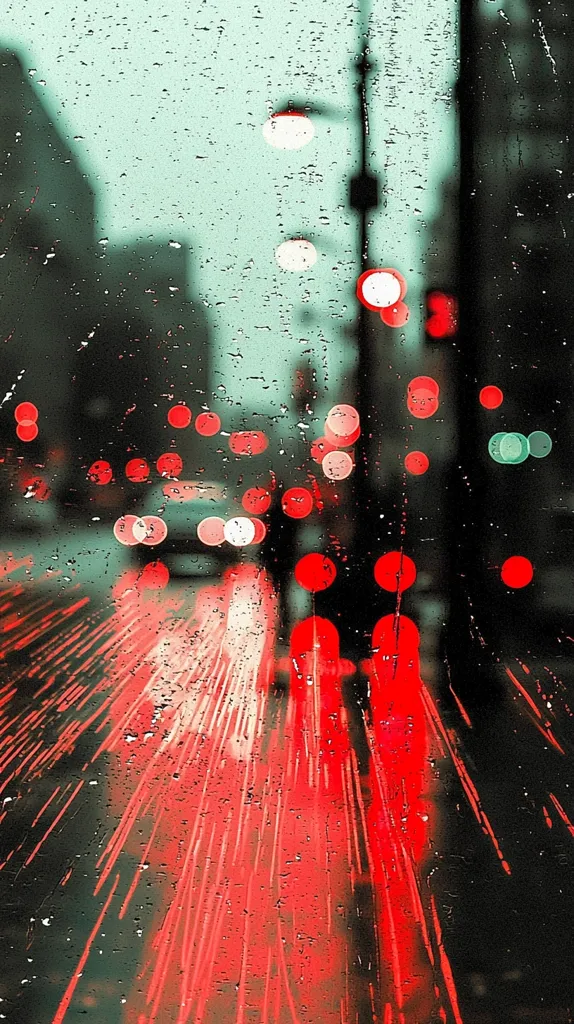 A blurred image through a wet windowpane. The city lights are out of focus and appear as red and white circles. The rain streaks across the glass, creating a sense of movement and energy. The dark background is filled with raindrops, adding to the overall impression of a rainy night.