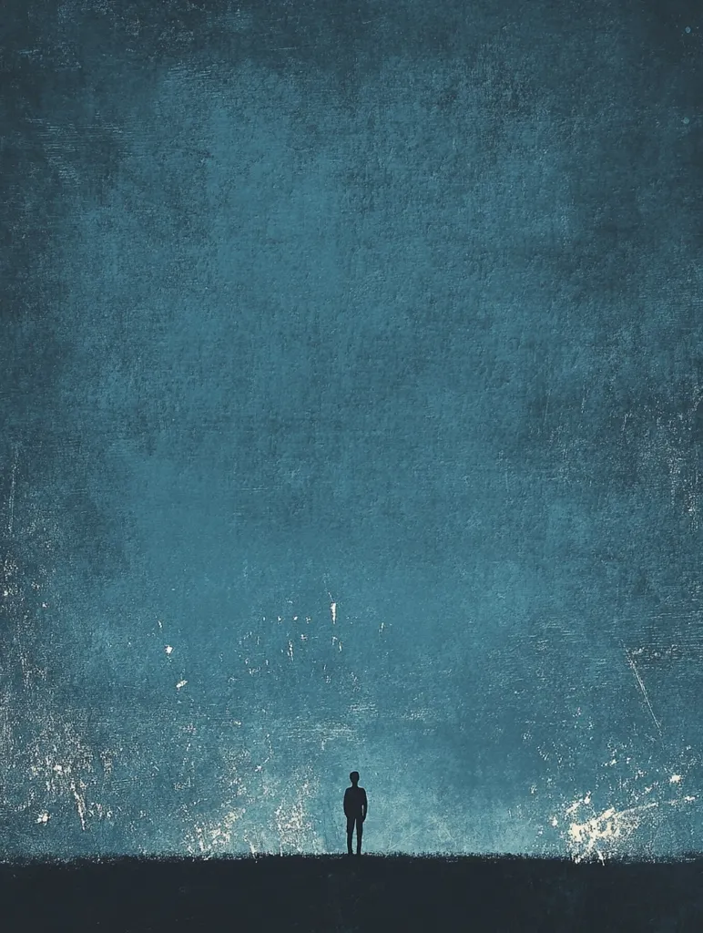 The image depicts a single, solitary figure standing against a vast, blue and textured sky. The figure is a silhouette, their features obscured by the darkness, adding to the sense of mystery and solitude. The sky is full of subtle texture, evoking a feeling of depth and distance. The overall composition creates a mood of contemplation and quiet introspection.